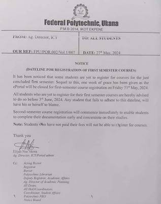 Fed Poly Ukana notice on deadline for registration of first semester courses