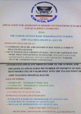 ATBU Teaching Hospital admission into Post Basic Perioperative Nursing, 2024/2025