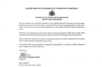 LAUTECH notice of Christmas and New Year break