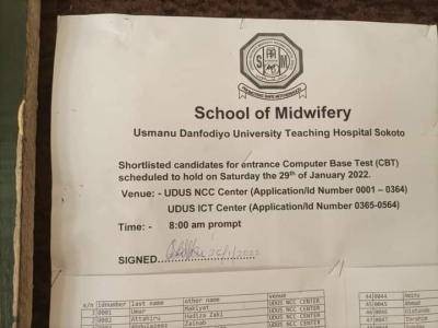 UDUTH School of Midwifery entrance exam notice, 2021/2022