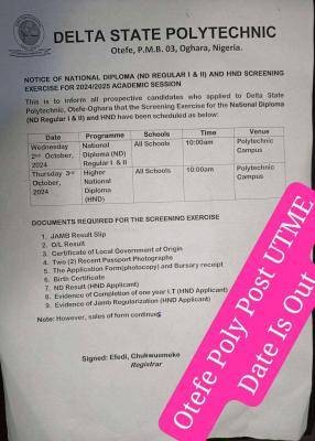 Delta State Poly notice of ND/HND screening exercise, 2024/2025