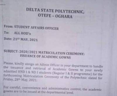 Delta Poly Otefe-Oghara matriculation ceremony, 2020/2021