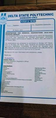 Delta Poly Ogwashiuku notice on remedial exam registration, 2019/2020