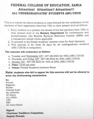 FCE Zaria notice to degree students