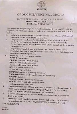 Gboko Polytechnic ND/HND Admission form, 2024/2025