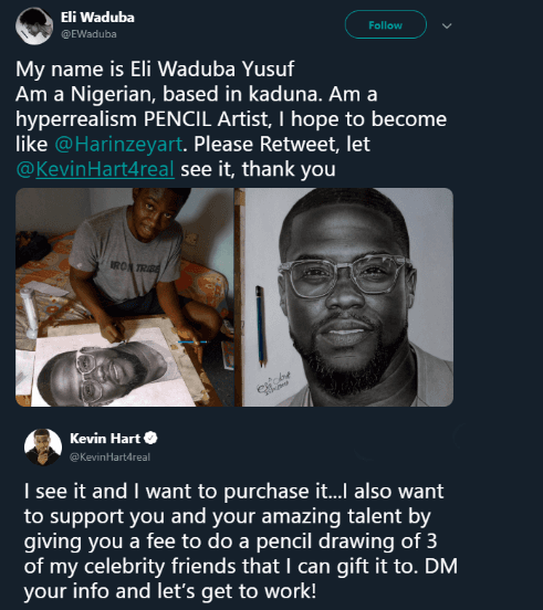 American comedian, Kevin Hart, reaches out to Nigerian boy who drew him