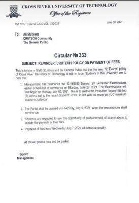 CRUTECH reiterates "no fee, no Exam" policy