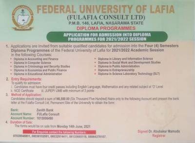 FULafia admission into diploma programmes for 2021/2022 session