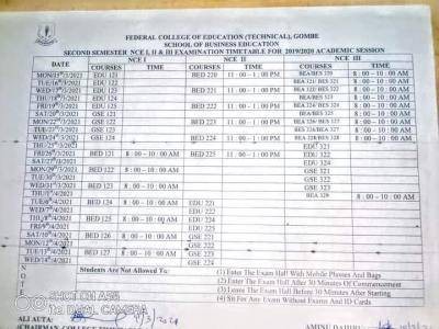 FCE Gombe 2nd semester Exam timetable, 2019/2020