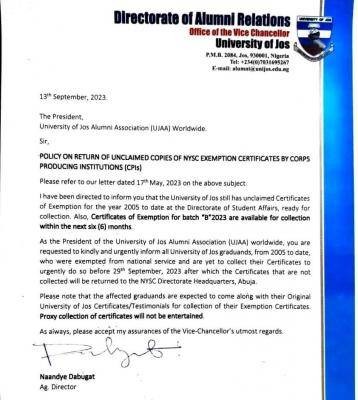 UNIJOS notice on collection of unclaimed NYSC exemption certificates