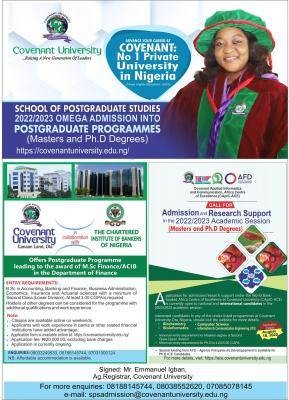 Covenant University postgraduate admission for 2022/2023 session