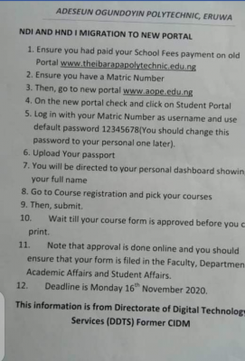 Adeseun Ogundoyin Polytechnic, Eruwa notice to students on migration to new portal