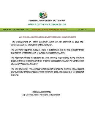 FUDutsinma notice on mid-semester break