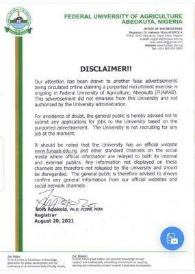 FUNAAB disclaimer notice on recruitment