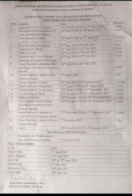 IBBU approved academic calendar for the 2022/2023 academic session