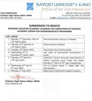 BUK adjusted academic calendar for completion of 2020/2021 session for undergraduate programmes