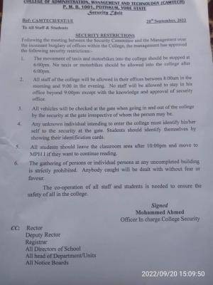 CAMTECH notice to the College community on security restrictions