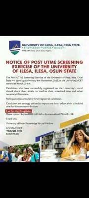 University of Ilesa notice on Post-UTME screening exercise, 2023/2024