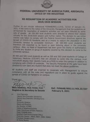 FUNAAB notice to students on adherence to resumption guidelines and COVID-19 protocol