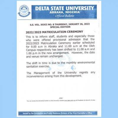 DELSU notice on change in time regarding matriculation ceremony, 2022/2023