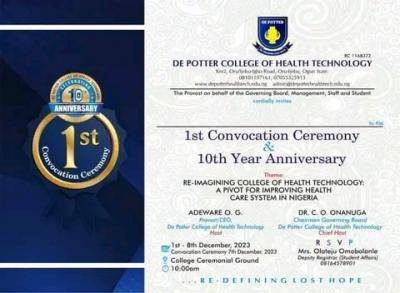 De Potter College of Health Tech, Ogun announces 1st Convocation Ceremony and 10th Year Anniversary