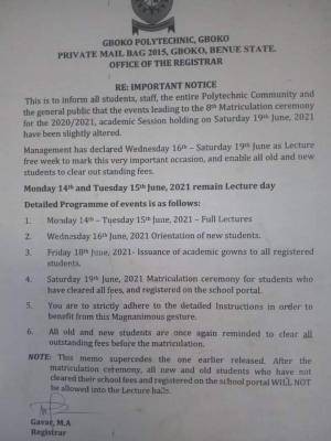 Gboko Polytechnic matriculation ceremony, 2020/2021