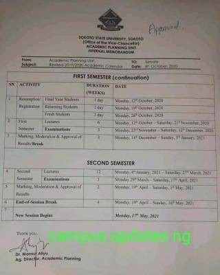 Sokoto state university resumption and revised 2019/2020 academic calendar