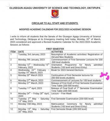 OAUSTECH modified academic calendar, 2022/2023