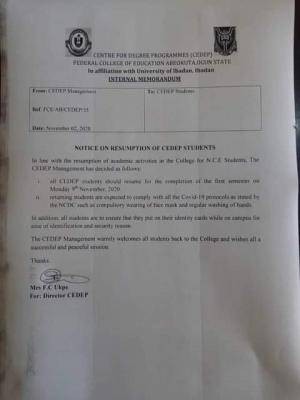 FCE Abeokuta Centre for Degree Programmes resumption date