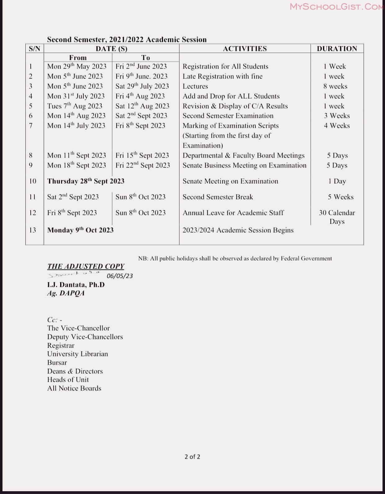 FUGASHUA Second Semester Academic Calendar 20212022