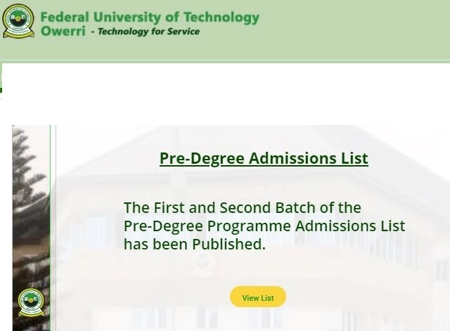 FUTO Pre Degree Admission List 2024/2025 Session Out - How To Check