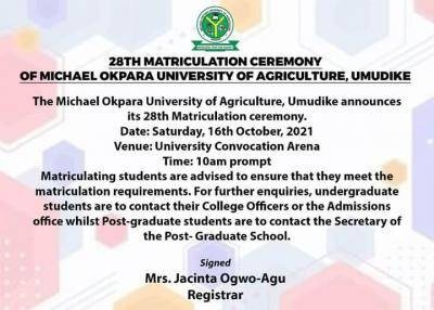 MOUAU announces 28th matriculation ceremony