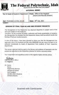 Fed Poly, Idah notice on binding of Final year students projects