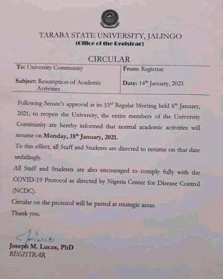 TASU notice on resumption of academic activities