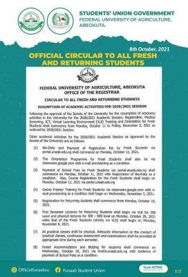 FUNAAB SUG notice to students on resumption