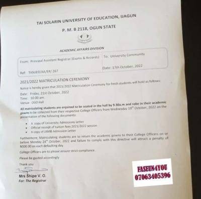 TASUED notice on matriculation ceremony, 2021/2022