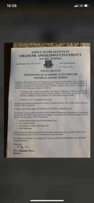 OAU resumption notice to final year students