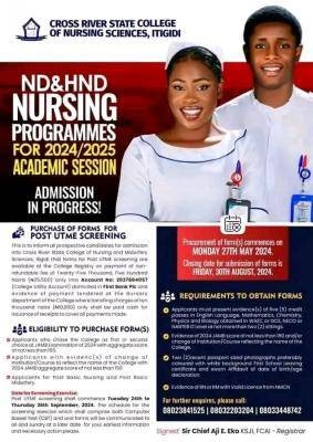 Cross Rivers State College of Nursing, Itigidi ND/HND admission, 2024/2025