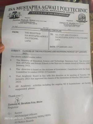 Isa Mustapha Agwai Polytechnic notice on closure and resumption