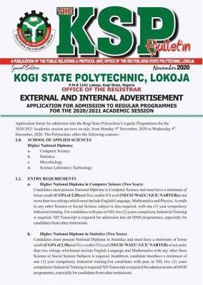 Kogi State Poly HND, PRE ND, IJMB admission forms for 2020/2021 session