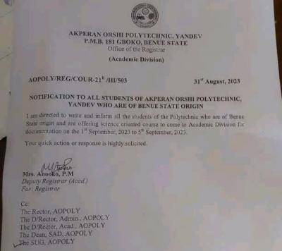 Akperan Orshi Poly notice to all students of Benue State origin