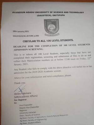 OAUSTECH notice to 100 level students on completion of registration for 2019/2020 session