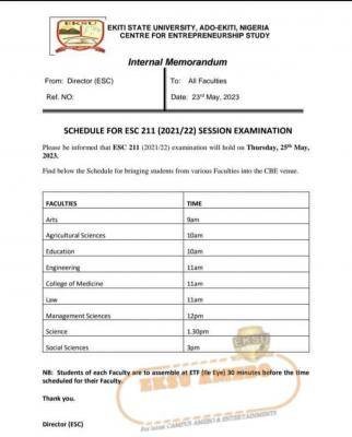 EKSU schedule for ESC 211 examination, 2022/2022