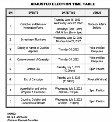 YABATECH adjusted election Time-Table