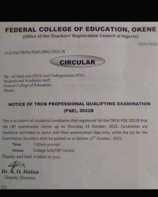 FCE Okene notice on TRCN Professional Qualifying Examination 2022B