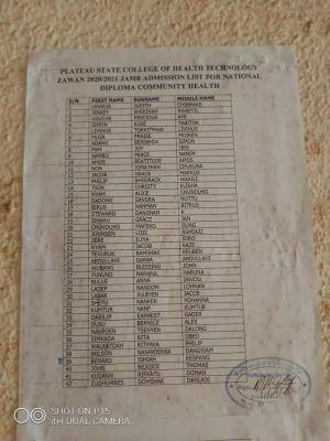 Plateau State College of Health, Zawan ND Community Health Admission list, 2020/2021