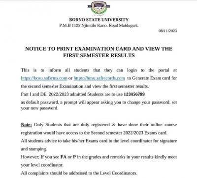 BOSU notice to students on printing of examination card/viewing of first semester results