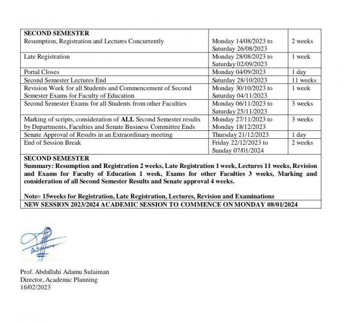 NSUK amended academic calendar, 2022/2023