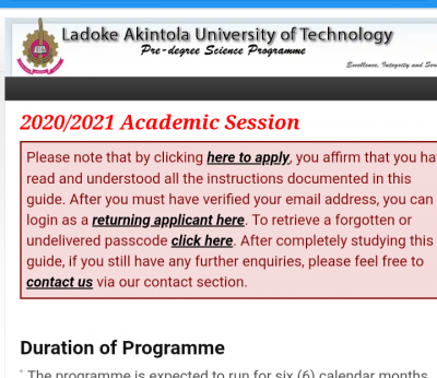 LAUTECH Pre-degree admission form for 2020/2021 session