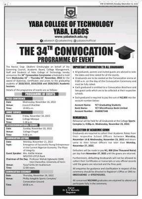 YABATECH programme of events for the 34th Convocation Ceremony